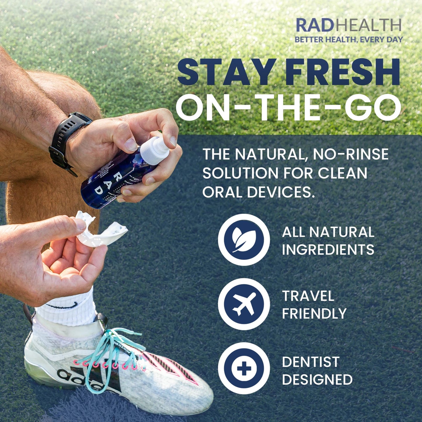 RAD FRESH - Natural Mouth Guard Cleaner with Food-Grade Hydrogen Peroxide, Easy-to-Use, No-Rinse-Formula Retainers Cleaner for All Oral Devices Like Aligners, Dentures & More, 1 Pack, 3.4 oz