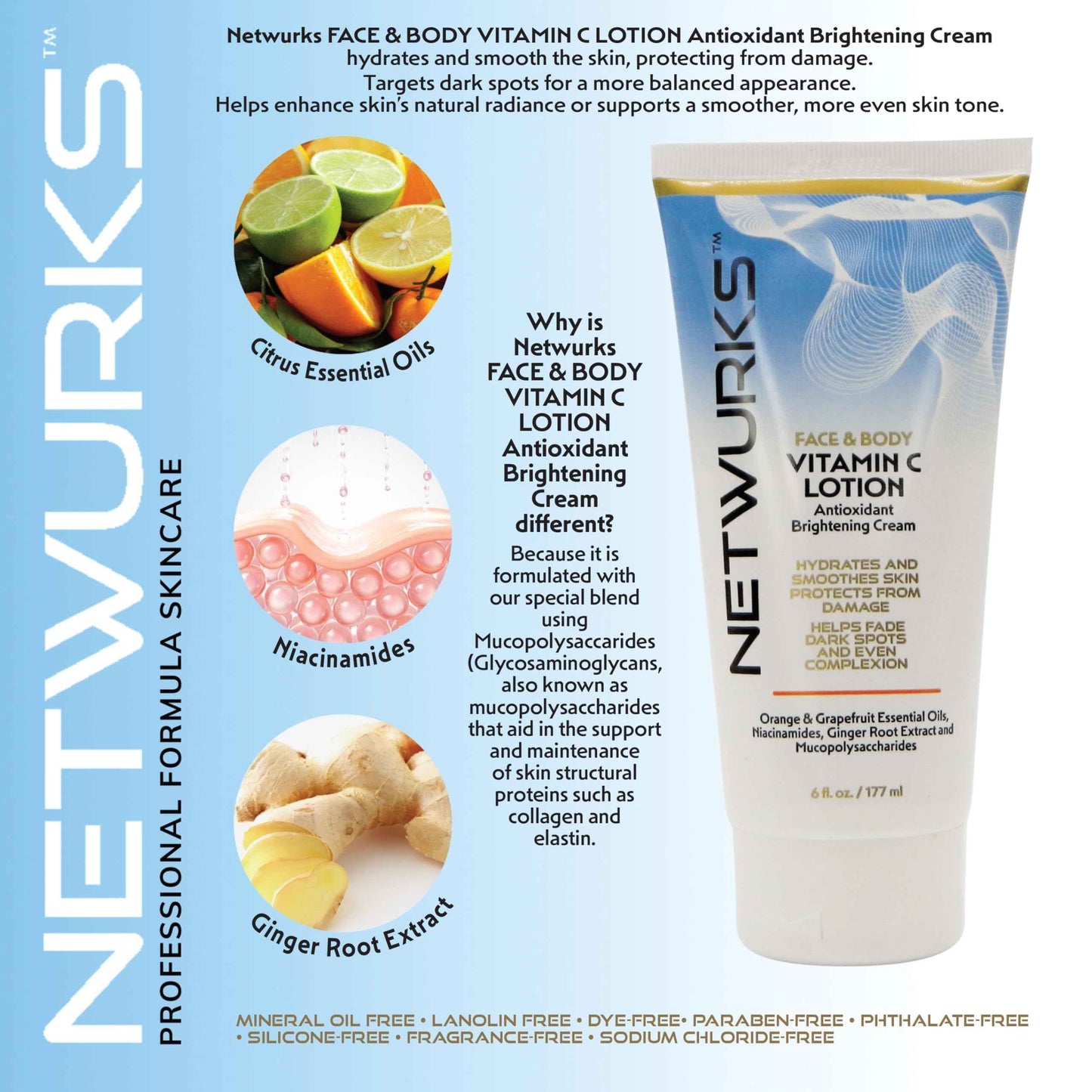NetWurks Vitamin C Lotion, Antioxident Cream for Face & Body, Smoothes & Hydrates Skin, Helps Reduce Blemishes, Fine Lines, & Wrinkles, 6 Fl Oz