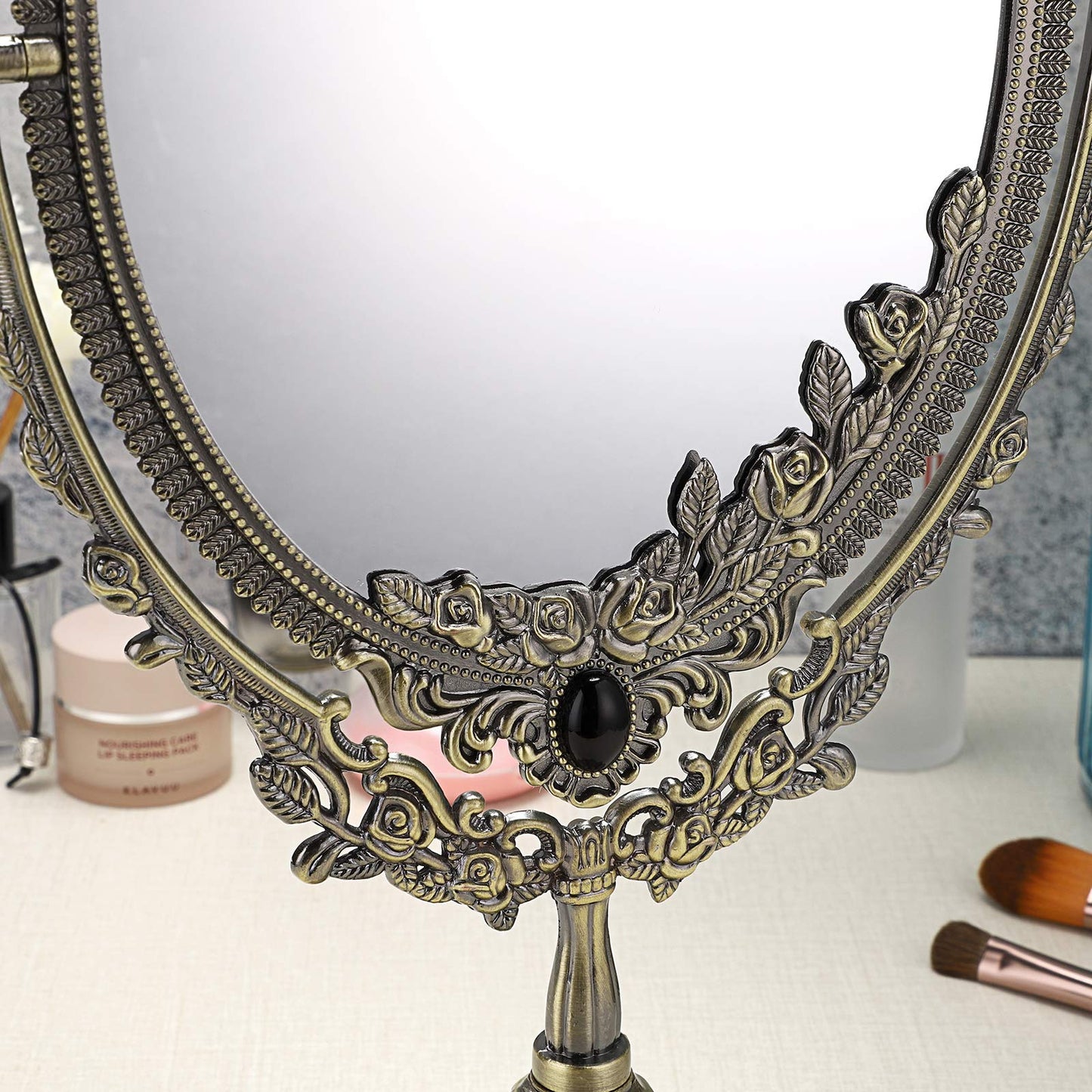 JUXYES Metal Tabletop Antique Decorative Makeup Mirror with Stand