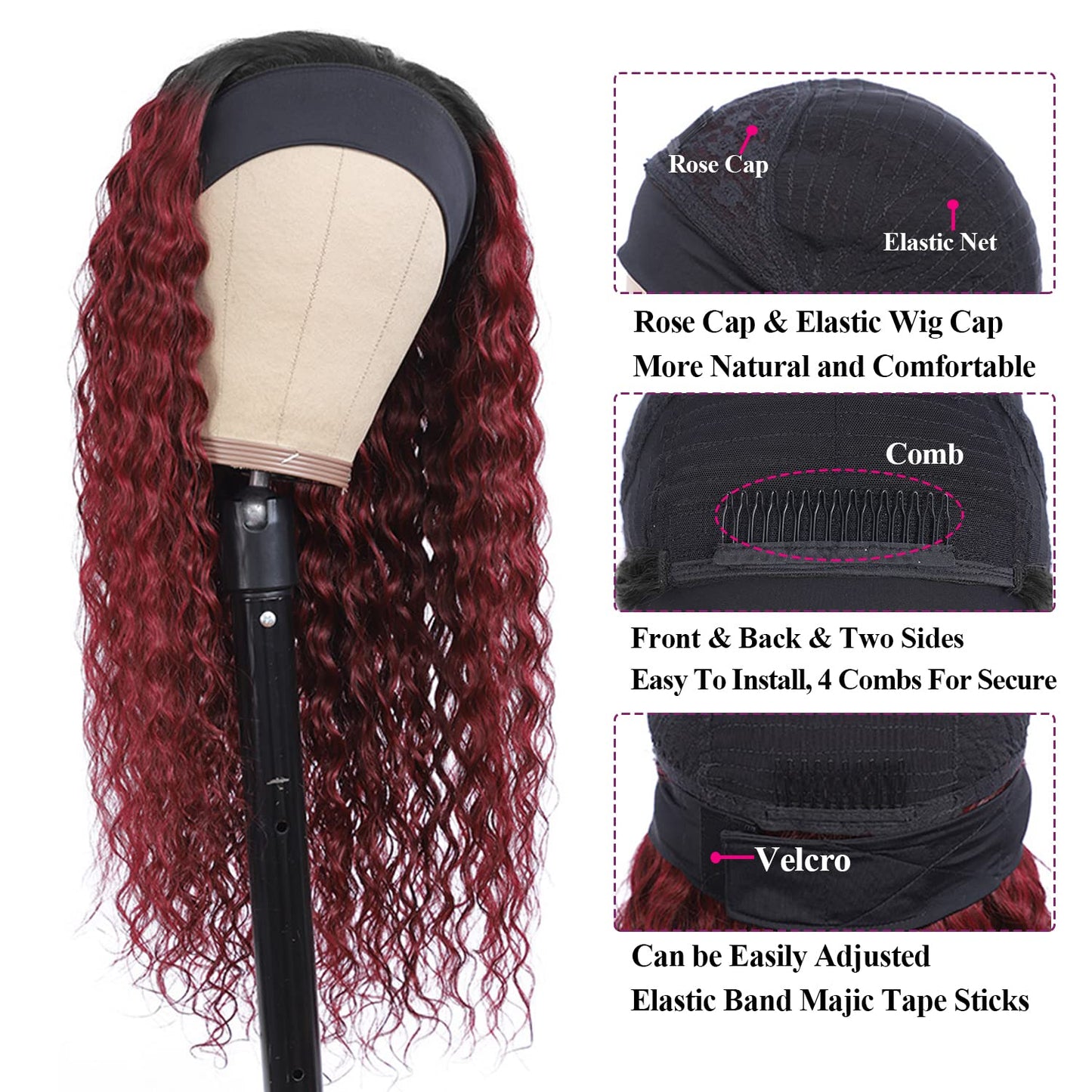 Aiterina Headband Wig deep wave human hair wigs for Black Women Brazilian Remy Hair Glueless Non Lace Front Wig 150% Density (14 inch, 1B/99J)