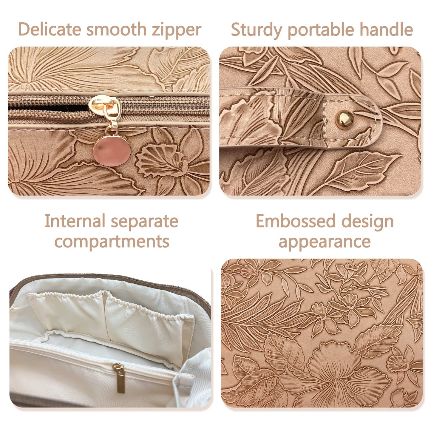 BAKLUCK Large Capacity Travel Cosmetic Bag with Compartment, Waterproof PU Leather Portable Flower Makeup Organizer Bag for Women and Girls - Khaki