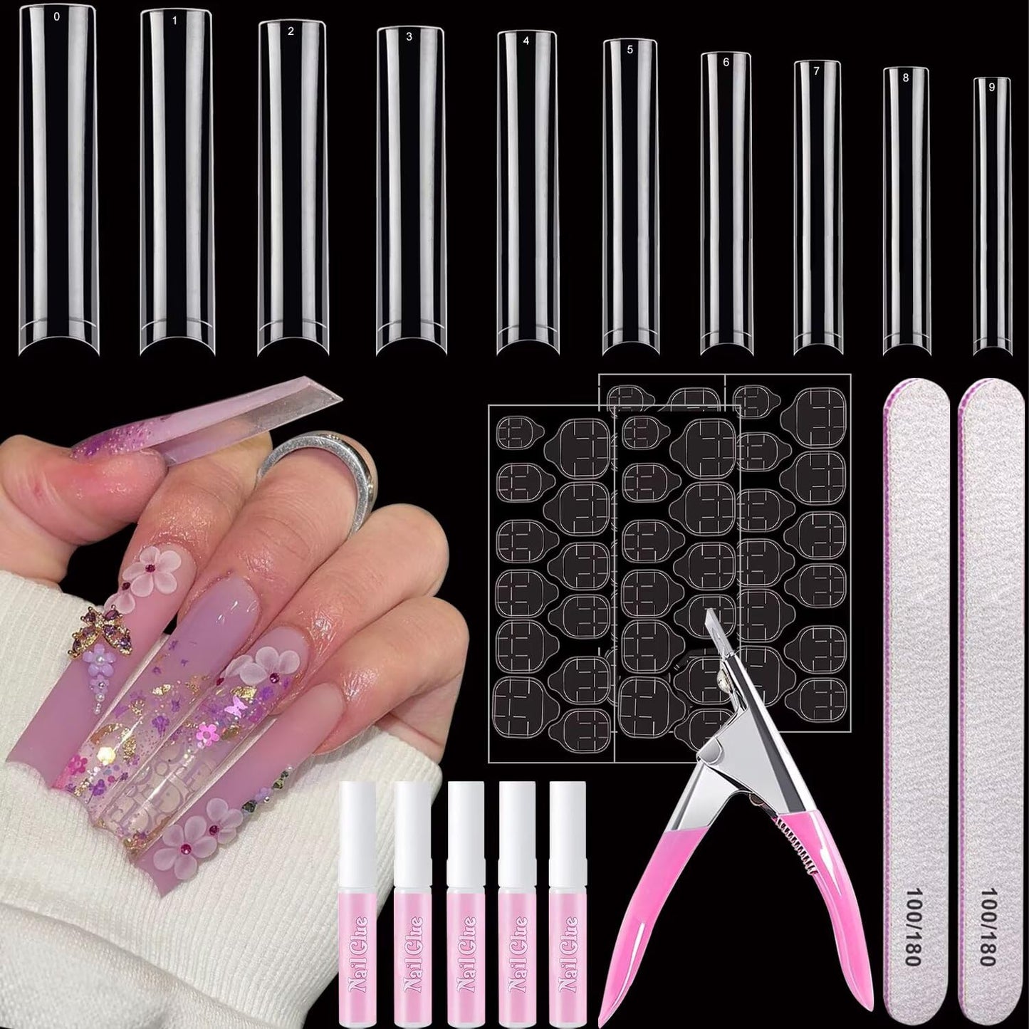 500 Pcs Square Nail Tips, AITRAI Long Nail Tips for Acrylic Nails Professional False Clear Acrylic Nail Kit with Glue, Adhesive Tabs Nail Clipper Files for Art DIY