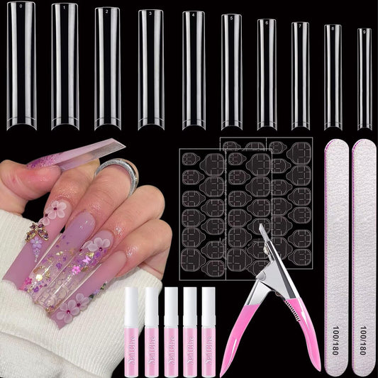 500 Pcs Square Nail Tips, AITRAI Long Nail Tips for Acrylic Nails Professional False Clear Acrylic Nail Kit with Glue, Adhesive Tabs Nail Clipper Files for Art DIY