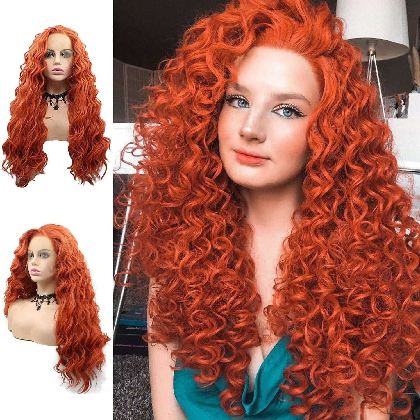 Orange Lace Front Wigs for Women Girls Real Handmade Long Deep Curly Loose Wave Free Part Wig Synthetic Hair Gold Orange Wavy Glueless Synthetic Heat Resistant Fiber Hair Wigs Daily Cosplay 24 Inch