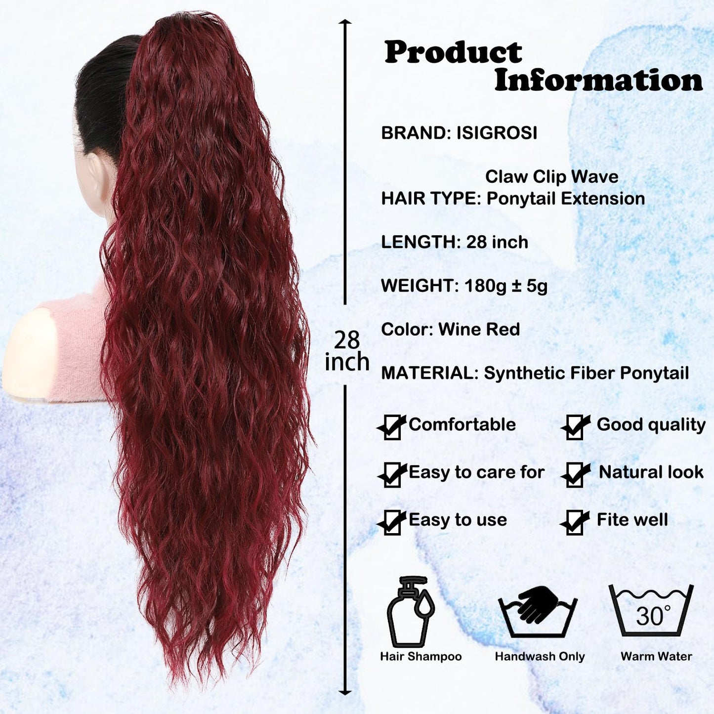 ISIGROSI Wine Red Wave Ponytail Extension Claw In - 28 Inch Long Curly Natural Wave Pony Tail Synthetic Clip in Hairpiece Ponytail Hair Extension for Women Daily Use