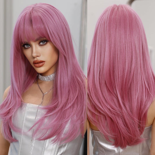 PARK YUN Long Straight Pink Wig with Bangs for Women 26 Inch Neon Pink Hair Synthetic Heat Resistant Pastel Layered Wig Sexy Colored Rose Gold Wigs for Cosplay Christmas Gifts Party