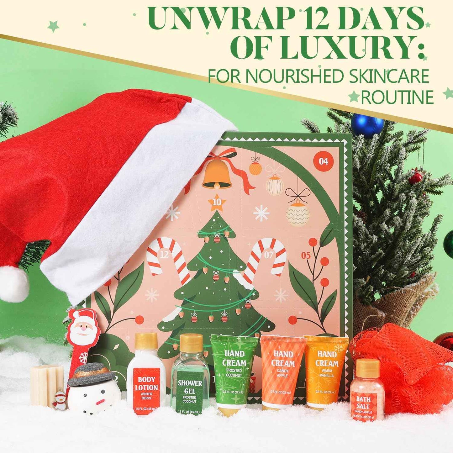 BFFLOVE 12-Piece Beauty Advent Calendar 2024 Bath and Body Gift Set with Luxurious Hand Creams, Bath Essentials, Christmas Bath Set for Men Women 2024-12 Days of Christmas for Women