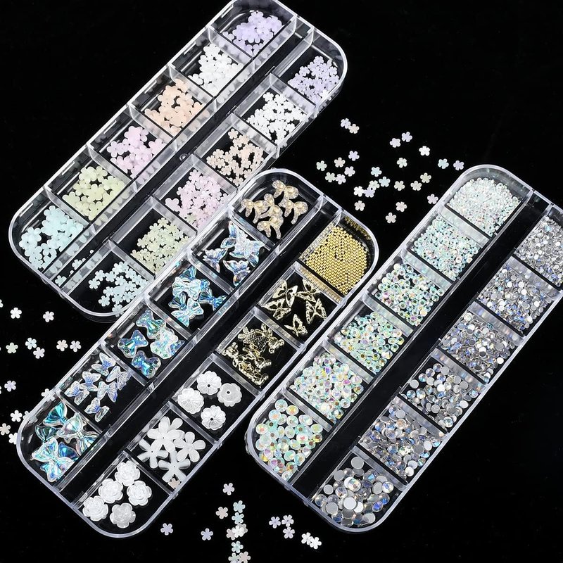 3D Flowers Nail Art Charms Kit - 400Pcs Acrylic Flowers & 1500Pcs AB Rhinestones | 200Pcs Butterflies & Bows for Creative Nail Designs