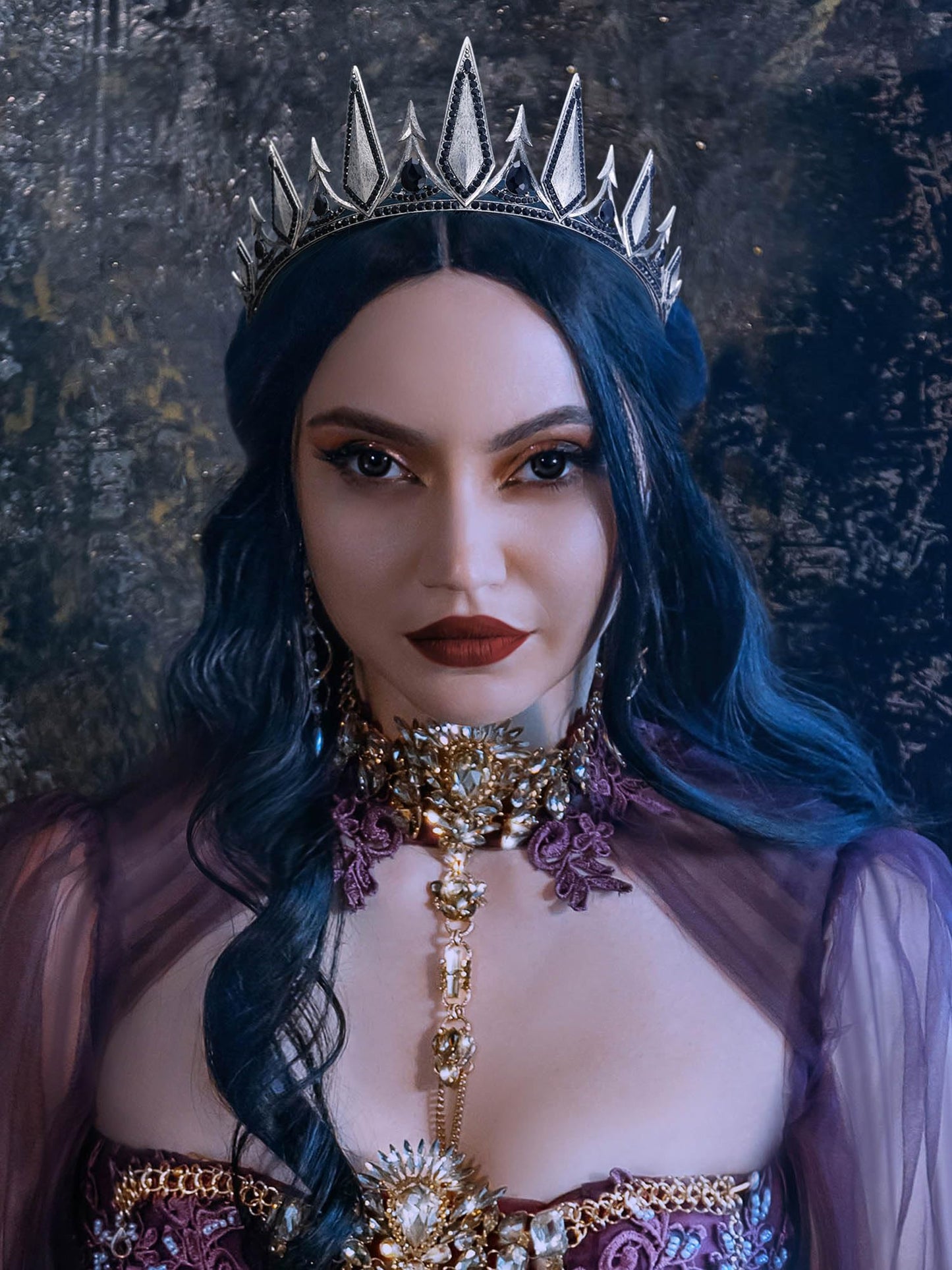 SWEETV Gothic Crowns for Women Black Tiara Queen Crown Witch Hair Accessories for Costume Halloween Prom Party, Silver