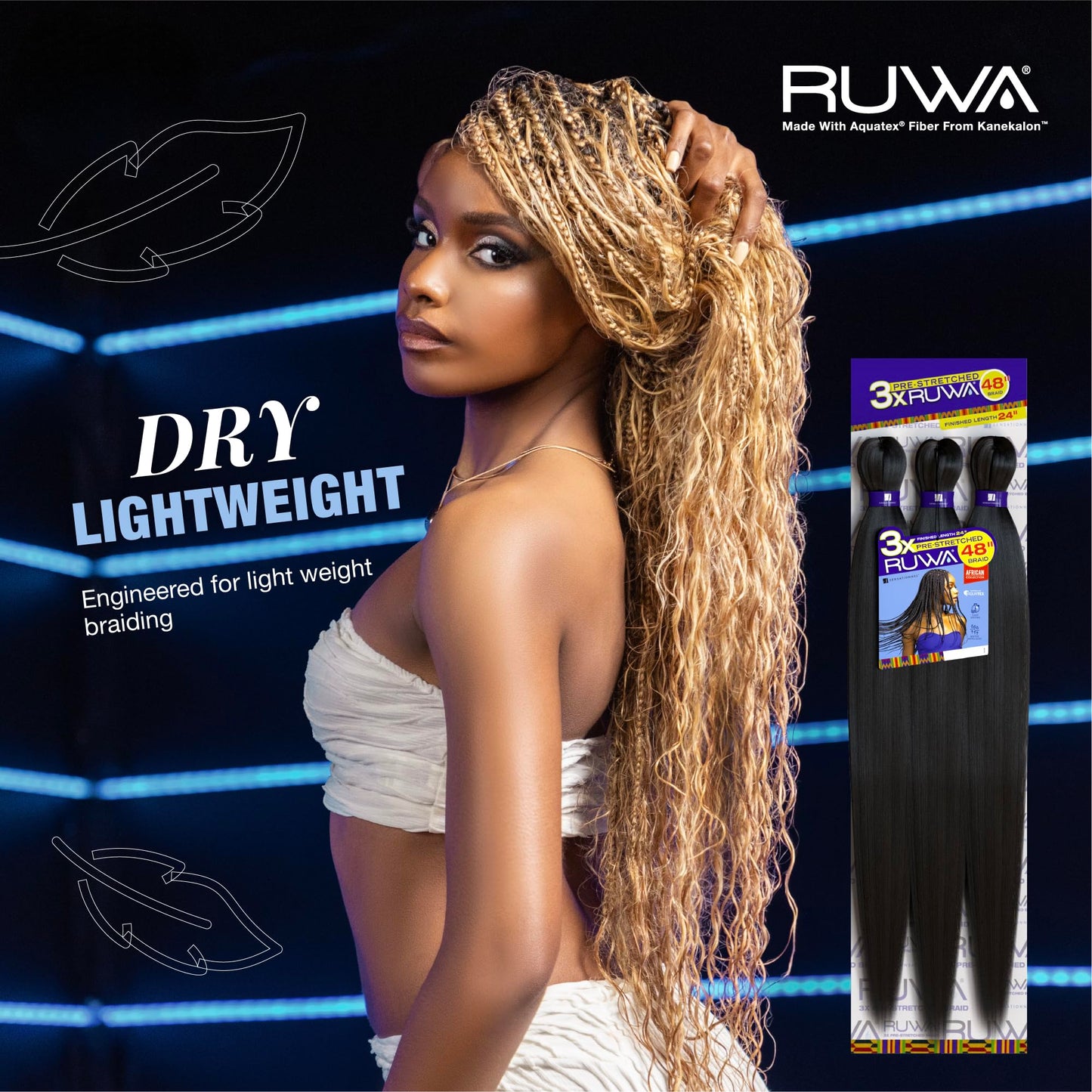 Sensationnel Ruwa prestretched braiding hair - 3x 48 inch water repellent kanekalon fast dry synthetic sports itch free (5 pack, 1 JETBLACK)