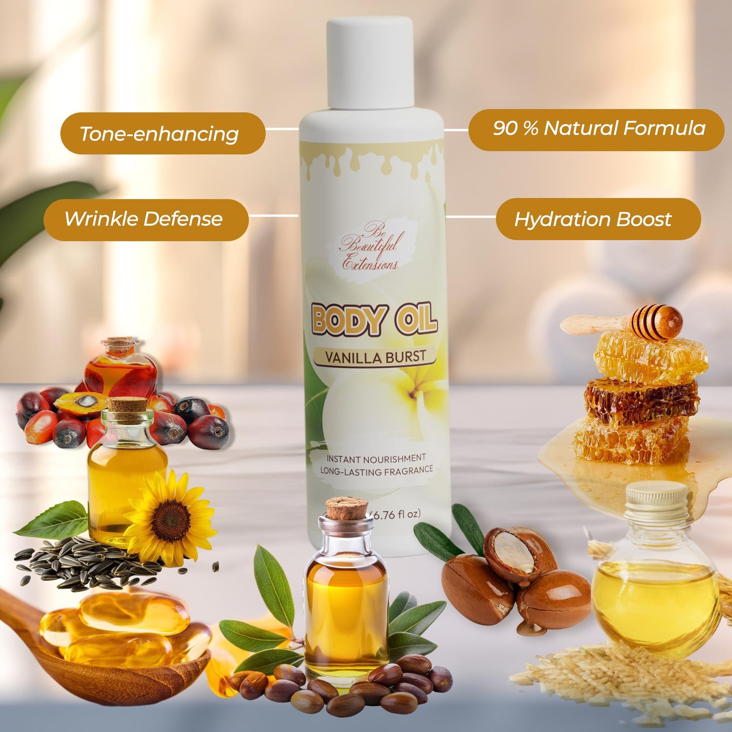 Body oil designed for Deep Hydration to nourish, protect, and rejuvenate the skin while leaving it with a soft, radiant glow and a vanilla scent long -lasting fragrance jojoba oil and more 6.76oz