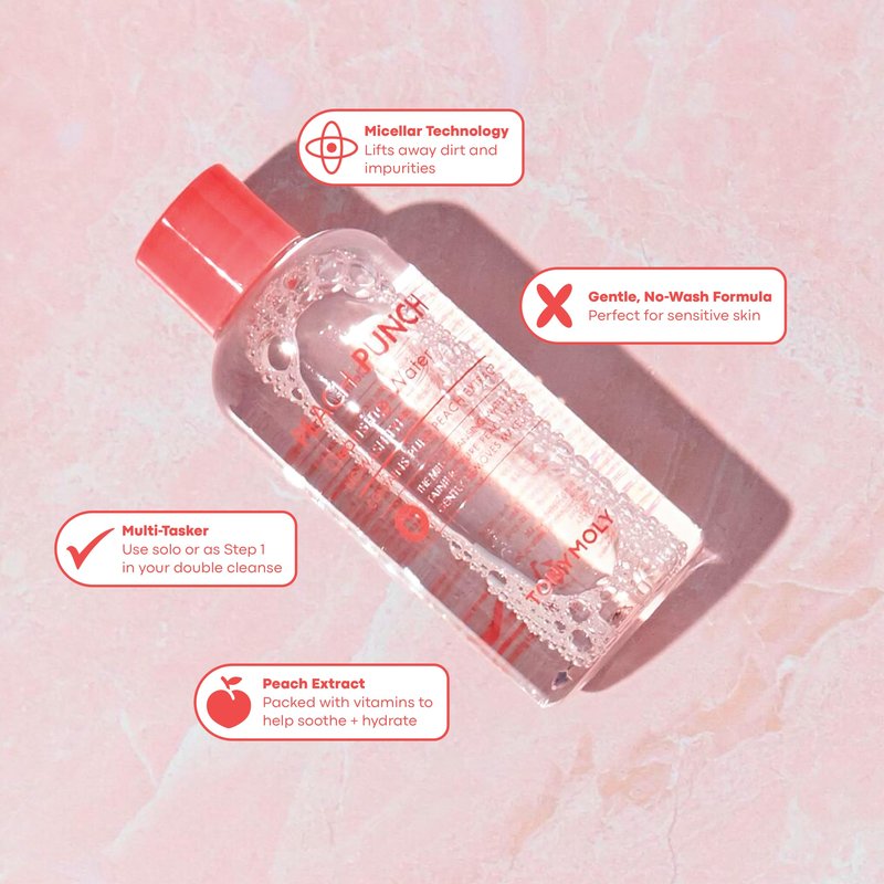 TONYMOLY Peach Punch Cleansing Water – Gentle Korean Makeup Remover & Facial Cleanser, Hydrating & Soothing Toner for Sensitive Skin, 12 oz