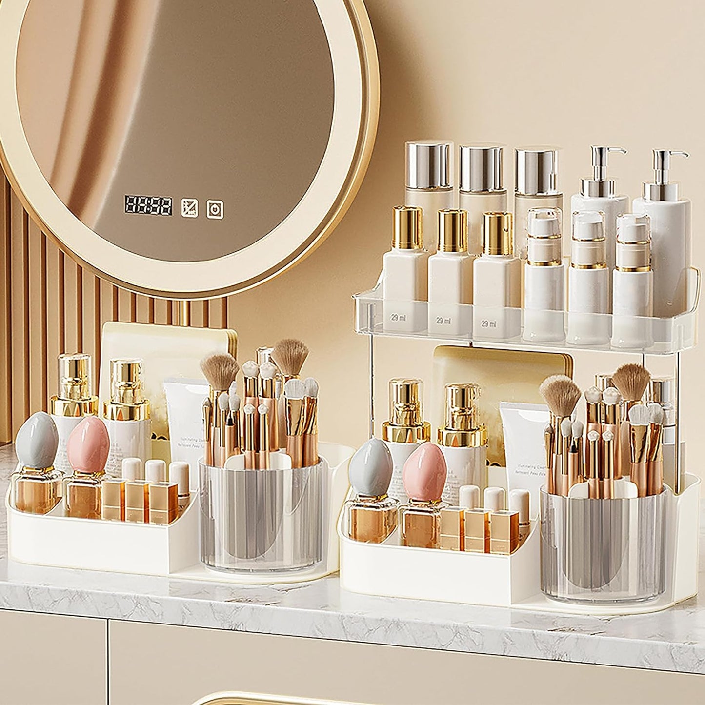 Rotating Makeup Organizer - Double Layer Spinning Cosmetic Storage for Vanity | Multi-Purpose Brush Holder