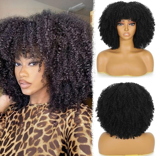 onyxrose Curly Afro Wig with Bangs Kinky Curly Wigs for Black Women Synthetic Wig with Bangs for Black Women for Daily Party（Ombre Purple）