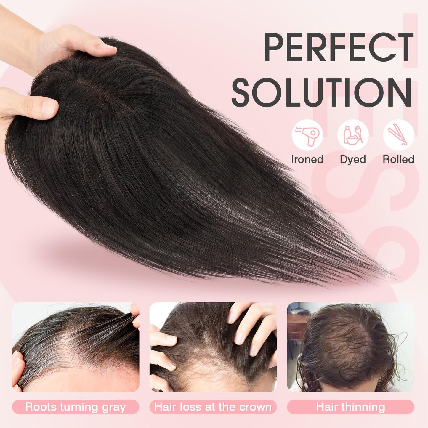 TESS Hair Toppers for Women Real Human Hair, 11Inch 360° 3D Cover Human Hair Topper with Bangs Clip in Hairpieces for Women Daily Wear Clip in Wispy Bangs Dark Brown