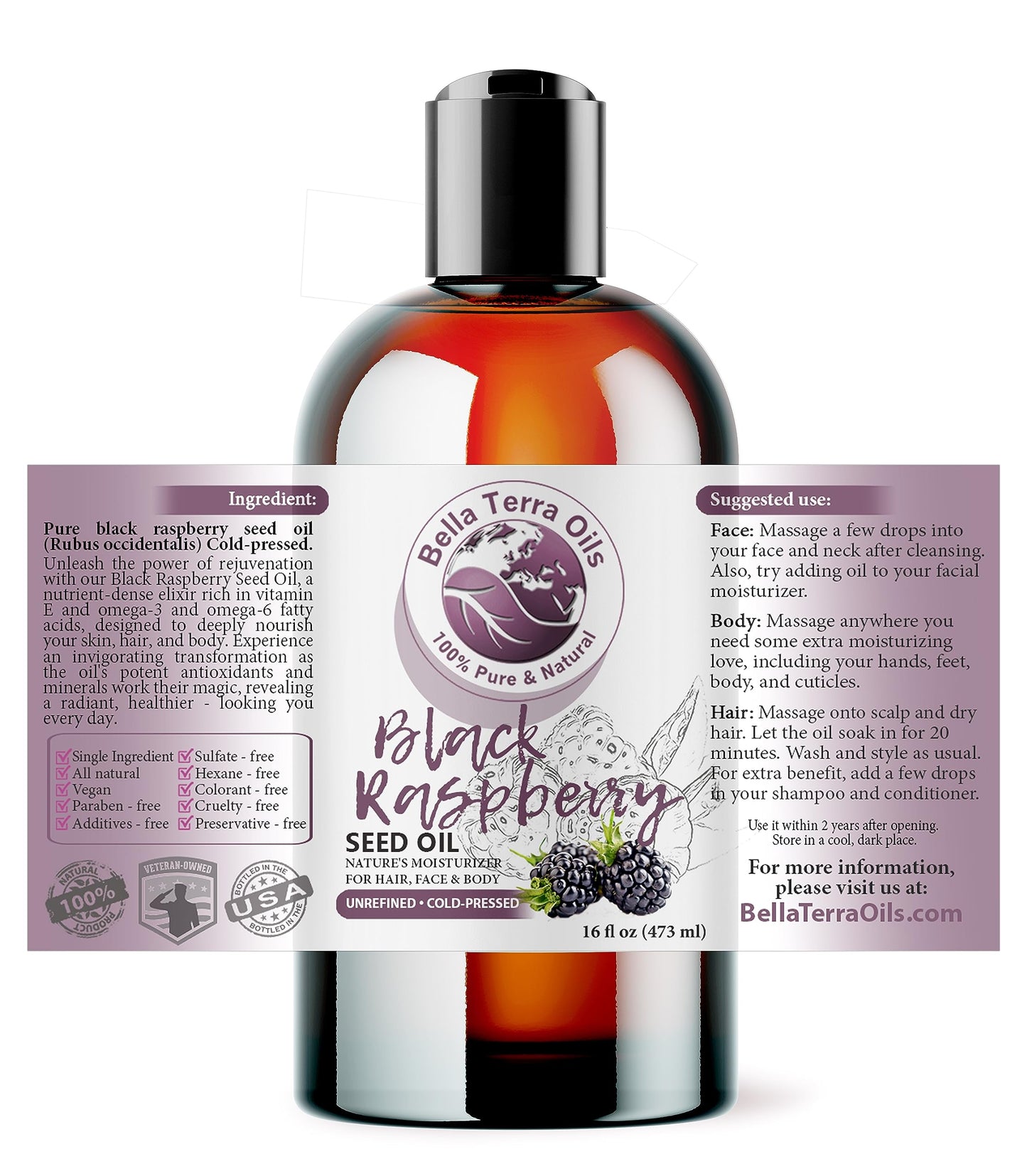 Bella Terra Oils - Black Raspberry Seed Oil 8oz - Embrace the Cosmetic Wonder of Raspberry Seed & Black Seed Oil Fusion, Replete with Tocopherols & Tocotrienols