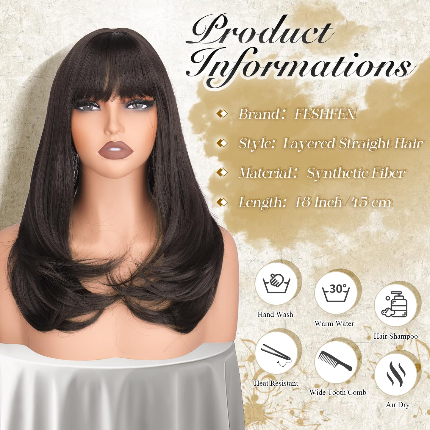FESHFEN Long Wigs with Bangs, Synthetic Natural Looking Layered Straight Hair Wig for Women Daily Party Use 18 inch, Brown
