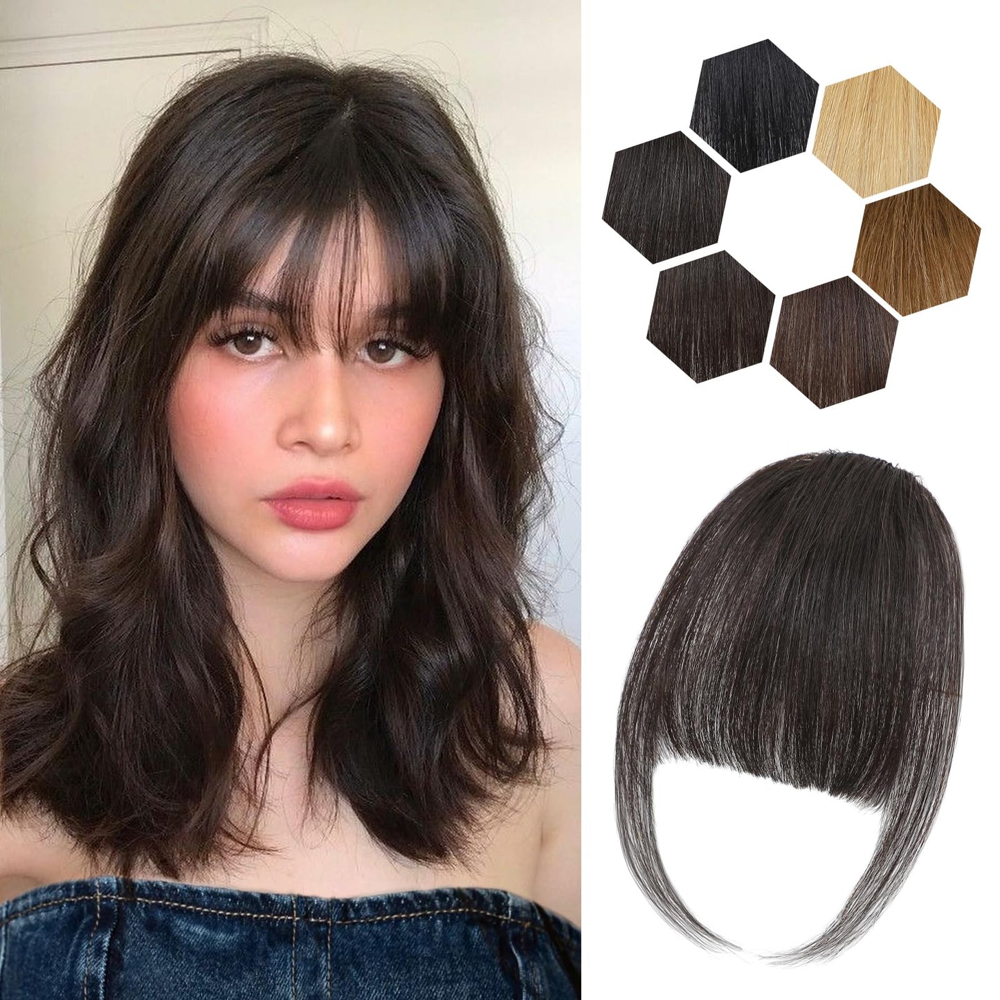 Carendia Bangs Hair Clip Human Hair Natural Black French Bangs for Women Fringe with Temples Hairpieces (Brown Black, 3D Bangs)