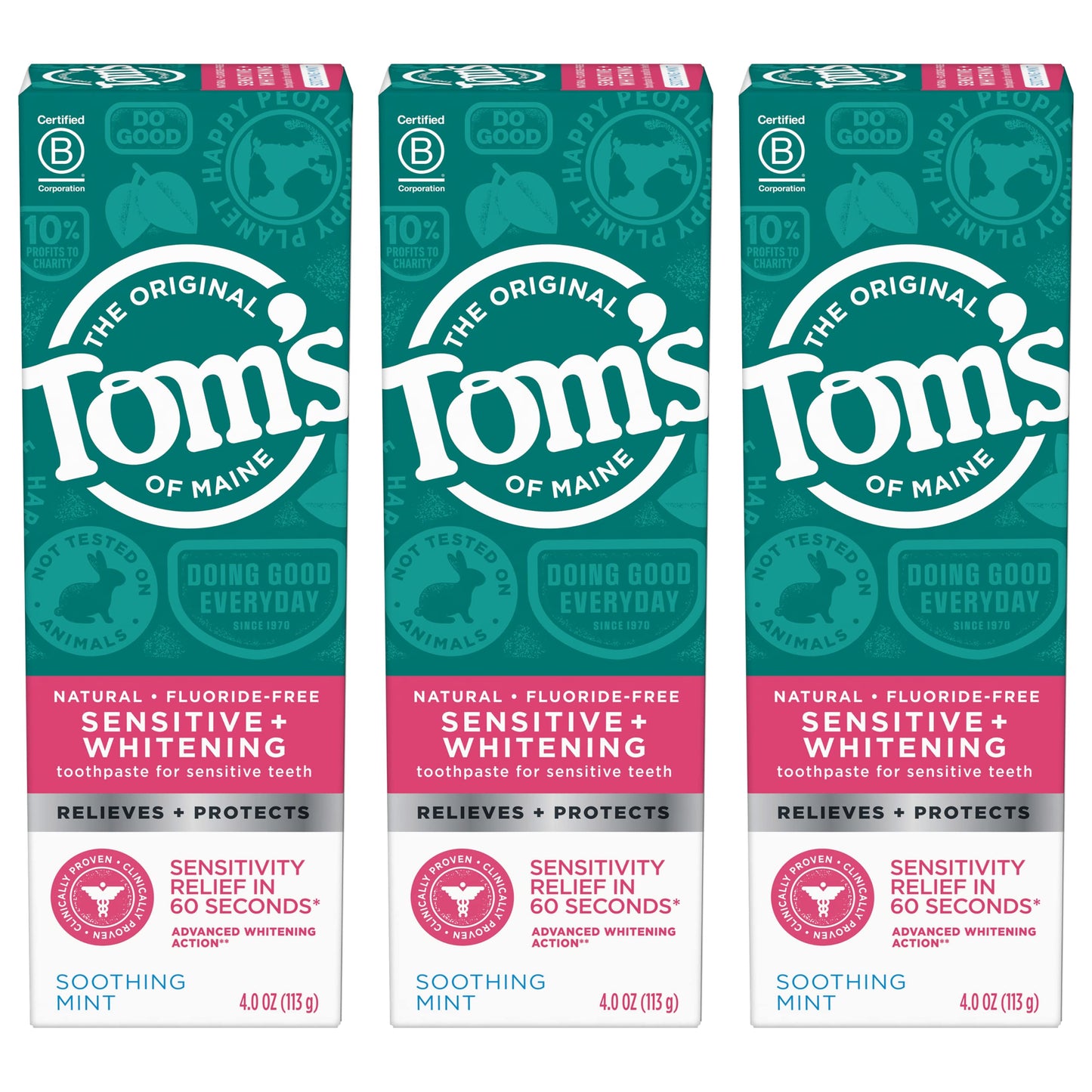 Tom’s of Maine Sensitive + Whitening Fluoride Free Toothpaste, Soothing Mint 4.0 oz 3-Pack