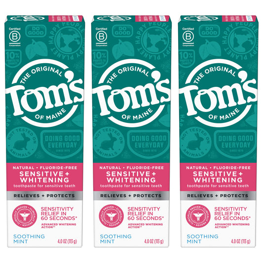 Tom’s of Maine Sensitive + Whitening Fluoride Free Toothpaste, Soothing Mint 4.0 oz 3-Pack