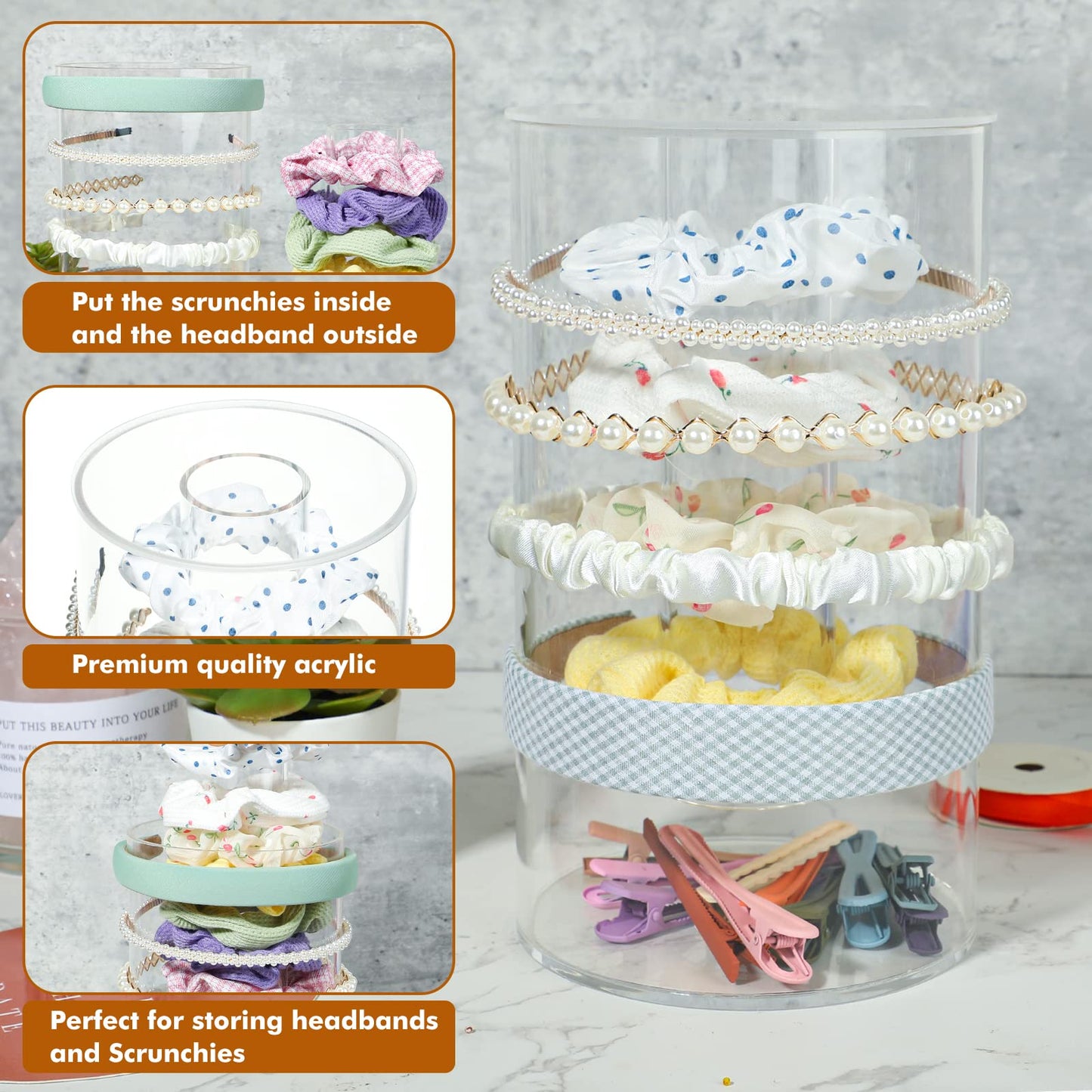 Kamehame Headband and Scrunchie Holder, Bottom Can Place Small Hair Accessories, Clear Acrylic Organizer for Hair Accessories, Hair Clips, Hair Ties, Bows, Pins and More