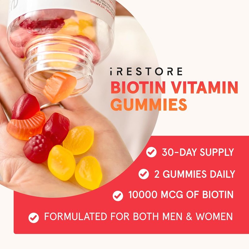 iRestore Biotin Gummies - 10,000 mcg Hair Vitamins for Healthy Skin & Nails | 60 Vegan Gummies, 30-Day Supply