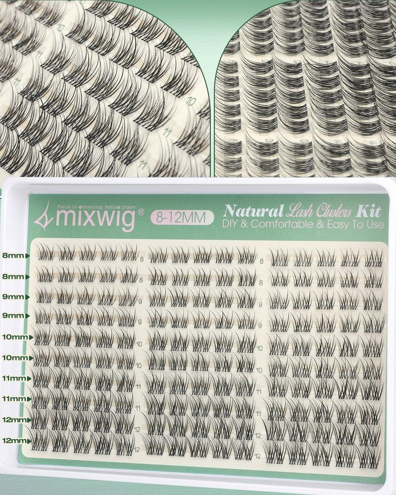 Short Lash Clusters Kit 8-12MM Natural Lash Extension kit Invisible Band Eyelash Clusters Wispy Cluster Eyelash Extensions C Curly DIY Cluster Lashes Bond and Seal Tweezers by Lvmixwig