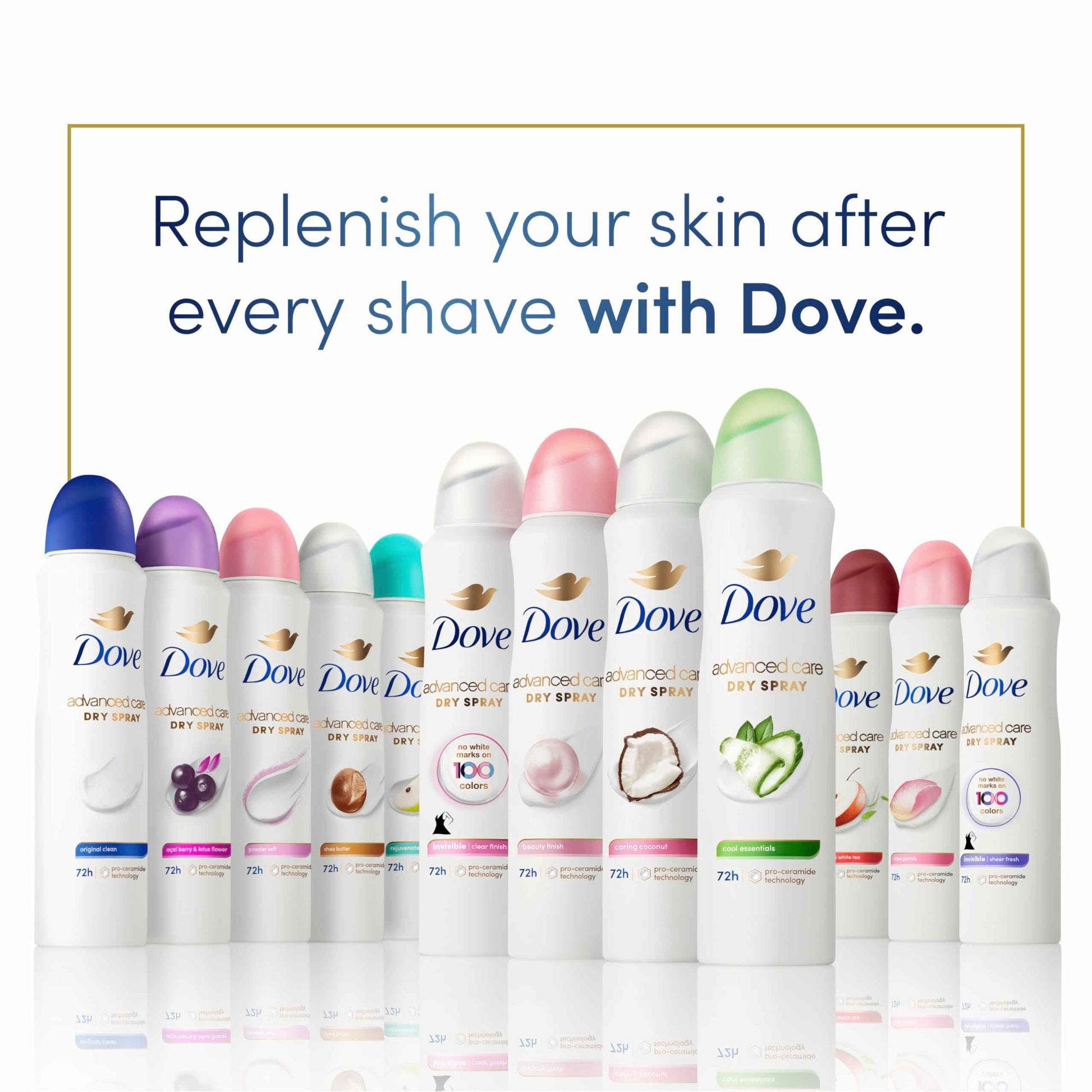 Dove Advanced Care Antiperspirant Deodorant Spray Powder Soft 3 Count to help skin barrier repair after shaving 72 hour antiperspirant deodorant for soft underarms with boosted ceramide levels 3.8 oz