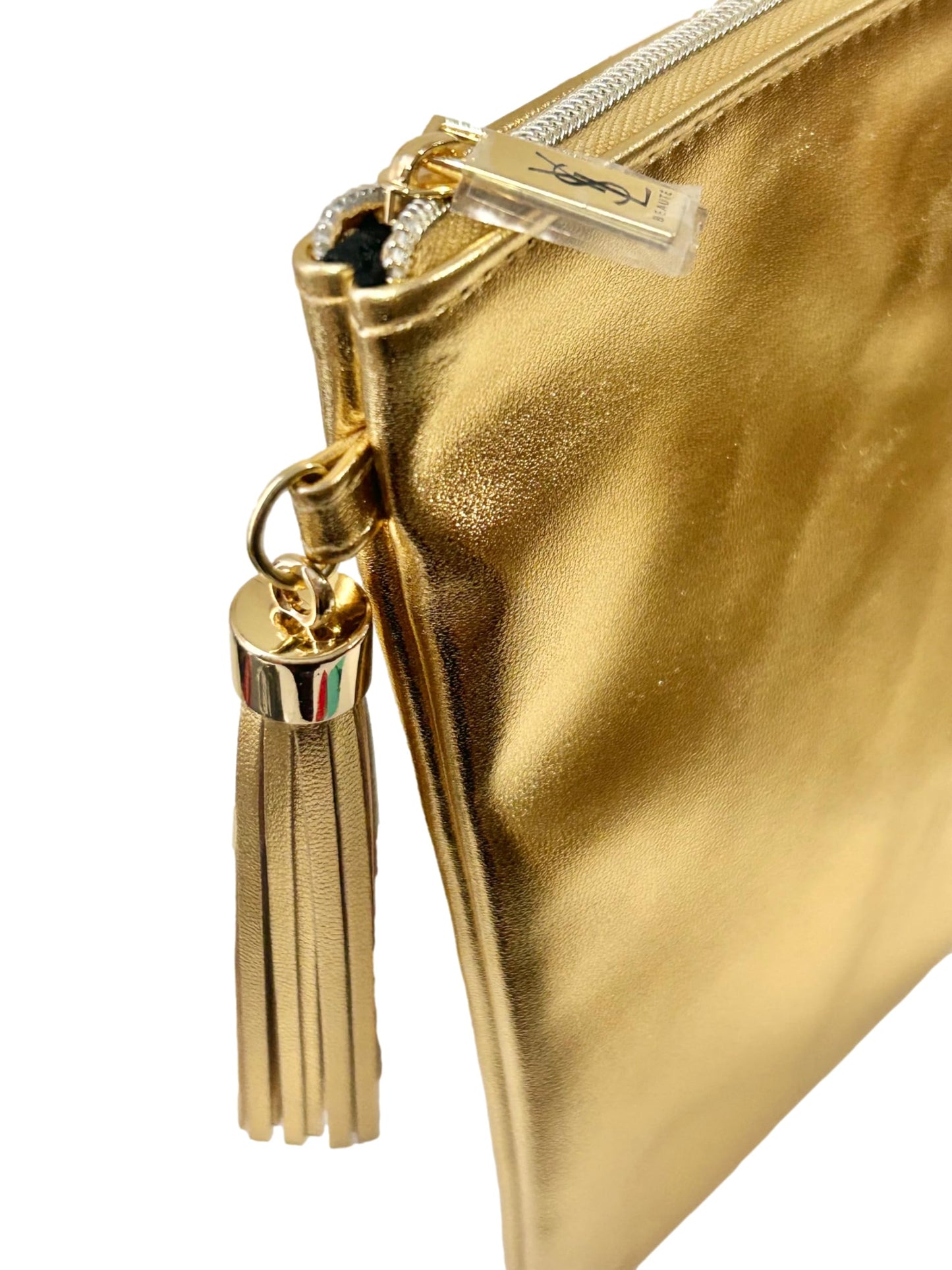 Yves Saint Laurent YSL Cosmetic GOLD FLAT Pouch Makeup Bag YSL Fragrance Bag (9.25L X 6H X 0.25W)- MINI/SMALL - (9393)