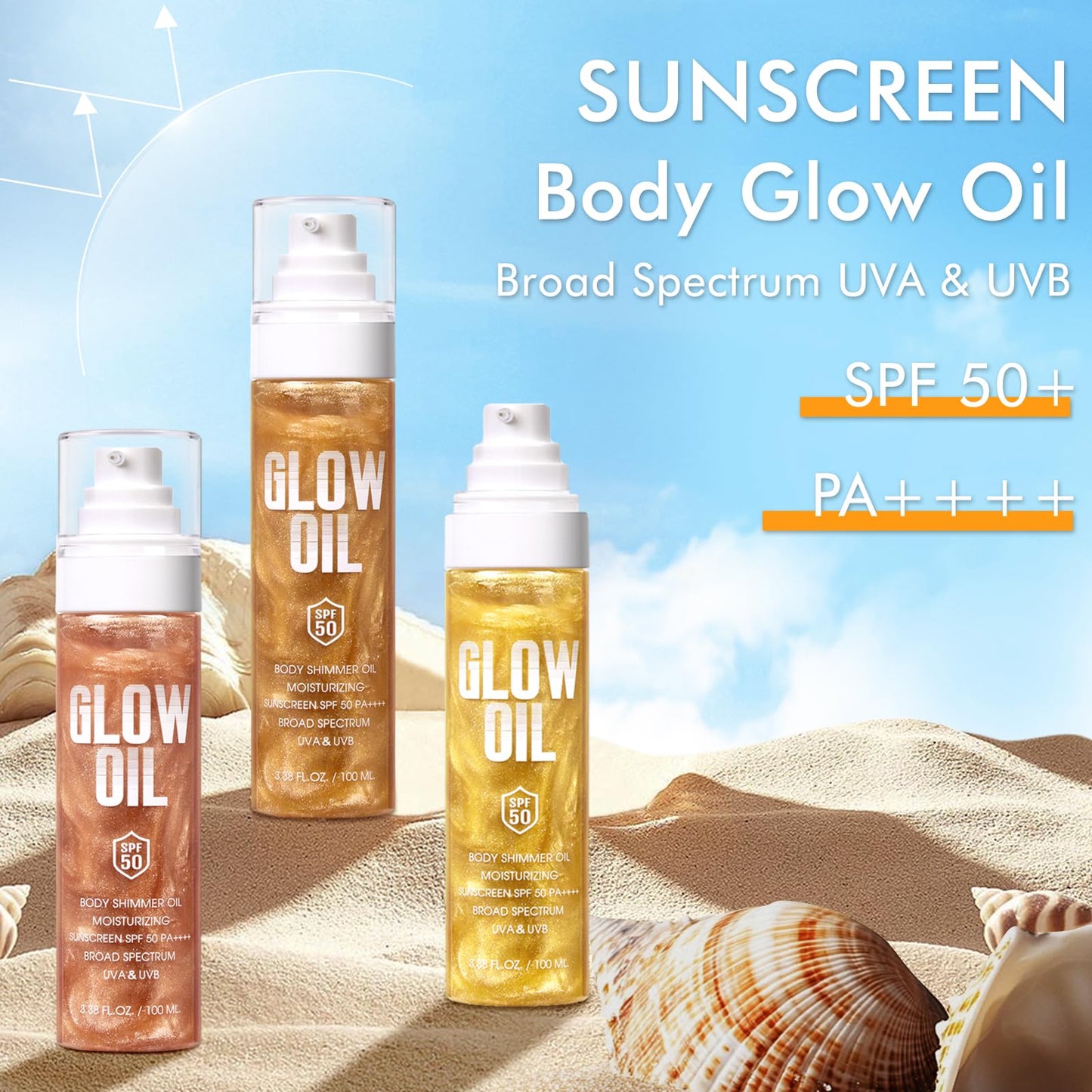Body Glow Oil, Broad Spectrum SPF 50, Glitter Shimmer Sunscreen Body Oil Lotion with Sequin Mica, Lightweight Non-Sticky Moisturizer with Coconut, Skin Illuminator Glowing Results (01# Golden Amber)