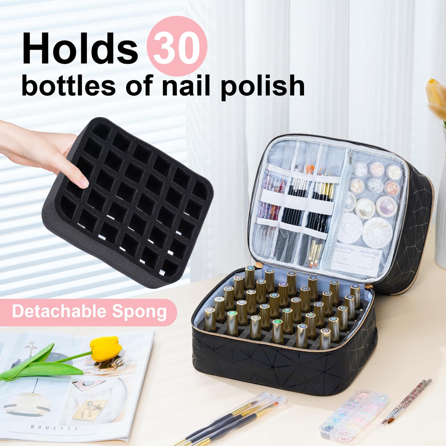 Uross Nail Polish Organizer Bag Holds 30 Bottles Nail Polish & Nail Kit -Nail Polish Storage Organizer Bag Nail Supplies Organizer Case for nail tech - Lightpink