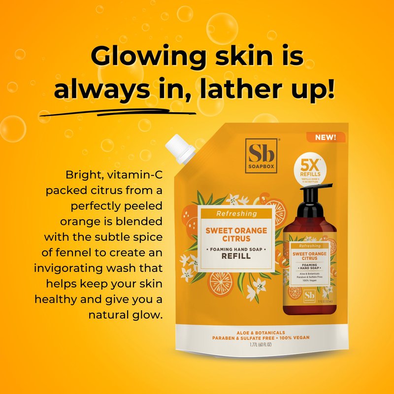 Soapbox Sweet Orange Citrus Foaming Hand Soap Refill, Moisturizing & Refreshing Hand Wash - Foaming Cleanser for Hands, Clean Ingredients Free of Harsh Chemicals, Sulfates, Parabens & Silicones, 64 oz