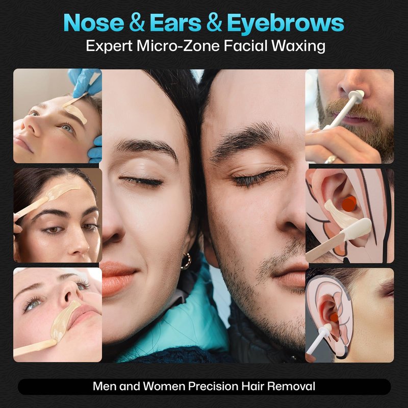 Wokaar Nose Wax Kit for Eyebrow and Ear Hair | 100gWax, 50 Face Waxing Sticks | USB-C(5V/2A) Wax Warmer | Hair Removal Kit for Men & Women | 15 Pre/Post Wipes, Ear and Mustache Guards & Earplug