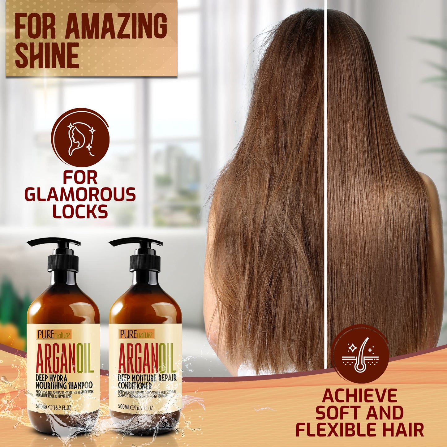PURE NATURE Moroccan Argan Oil Shampoo and Conditioner and Hair Serum with Biotin, Castor, Rosemary Oil