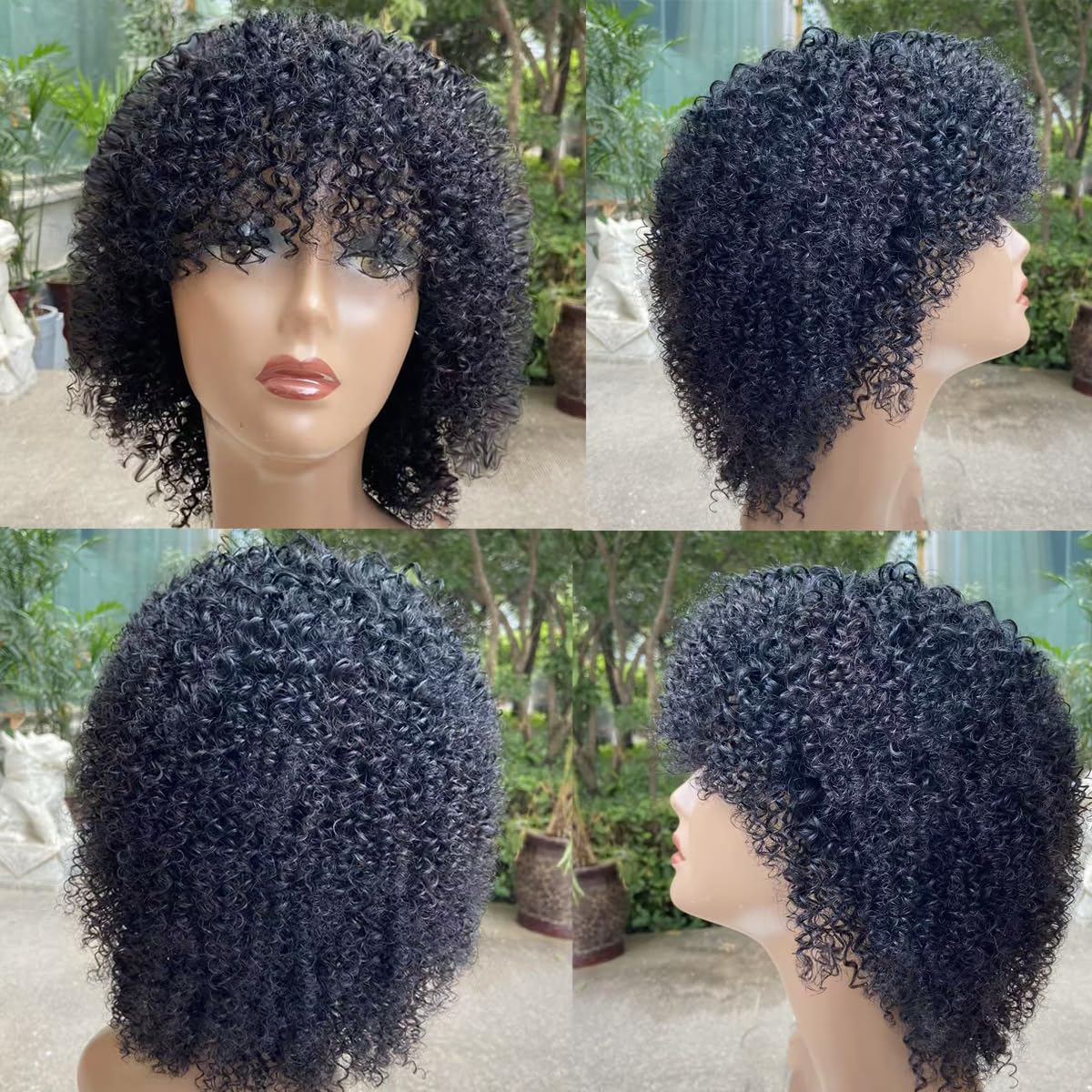 Afro Kinky Curly Wig Human Hair with Bangs Jerry Curly Human Hair Wig Burmese Curly Afro Kinky-Curly Human Hair Glueless Wear and Go for Black Women 12“