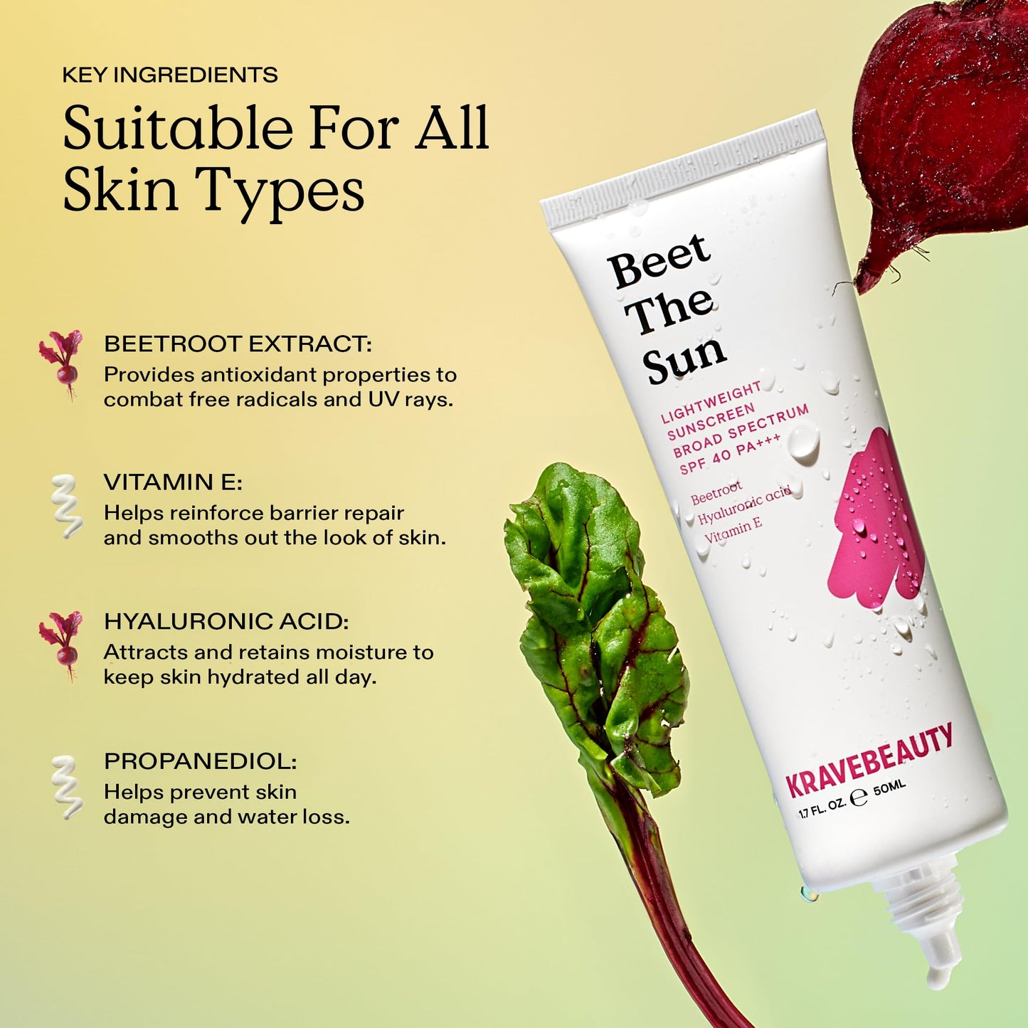 KraveBeauty Beet The Sun Lightweight Sunscreen SPF 40 PA+++, 2 Pack, Broad Spectrum Facial Sunscreen with Beet Root Extract & Hyaluronic Acid, Daily SPF Lotion for Face, Fragrance Free, 2 x 50 mL