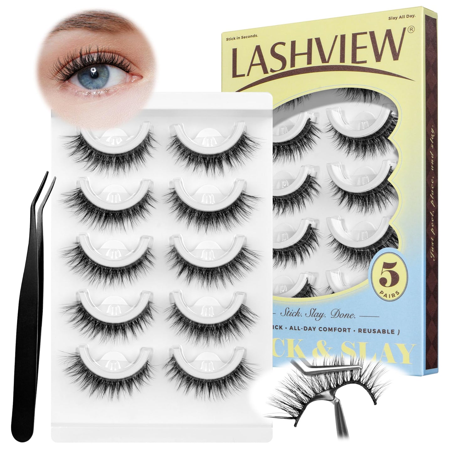 LASHVIEW Self Adhesive Eyelashes, 5 Pairs Natural Look Press On Lashes No Glue Need Eyelashes Reusable Cat Eye Wispy Self-adhesive False Lashes with Replacement Strips & Tweezers (C122)