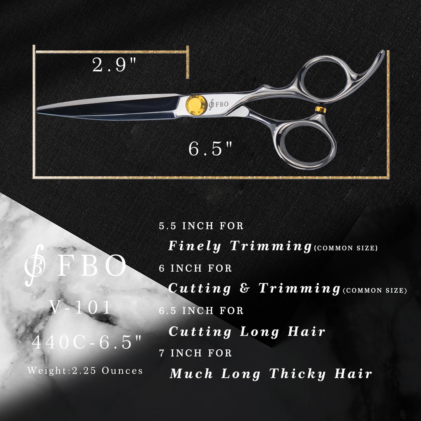 FBO Pro Hair Scissors 6.5" - 440C Steel, Precision Blades, Sharp Durable & Smooth Cutting, for All Hair Types, Home & Salon Use (Golden)