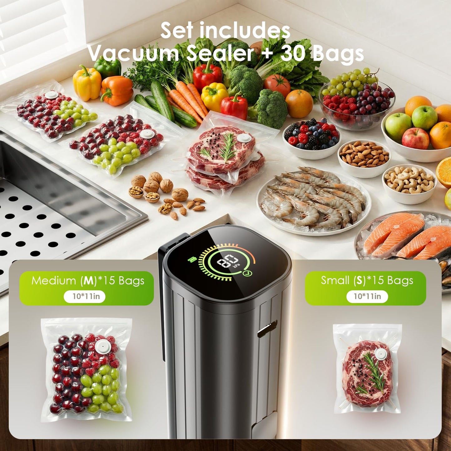 Elxis Vacuum Sealer, Portable handheld Vacuum Sealer + 30 Reusable Vacuum Bags, Portable Food Sealer, With LED pressure display, 2-Speed Pressure Control (60/80 Kpa)