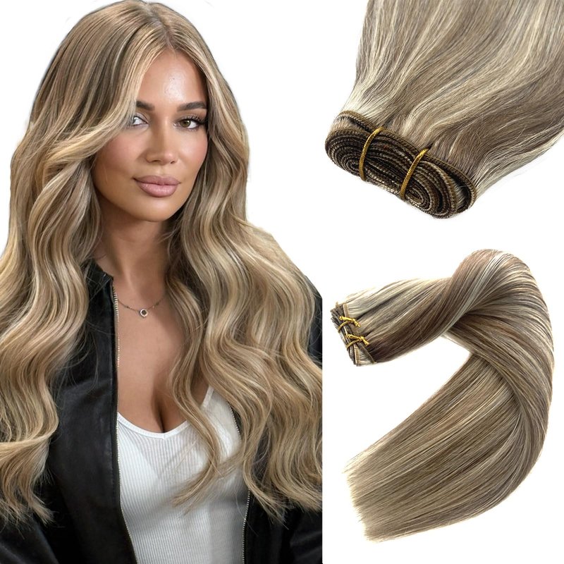 Sew in Hair Extensions Real Human Hair, Weft Hair Extensions Human Hair Bundles 14 Inch 80G Ash Brown and Blonde Balayage Ash Blonde Highlights Hand Tied Weft Hair Extensions Human Hair Weave Bundles