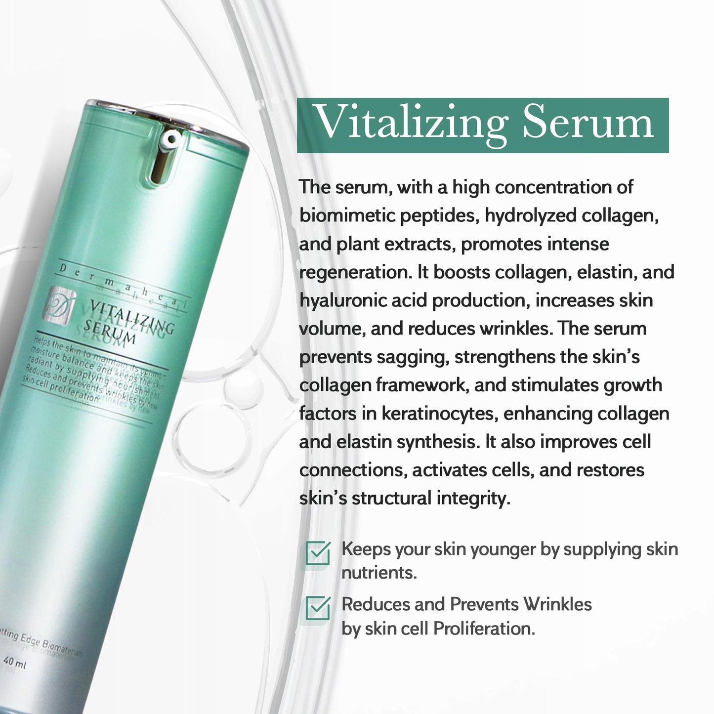Dermaheal Vitalizing Serum Anti Aging Face Care with Biomimetic Peptides for Wrinkle Reduction and Skin Nutrient Supply 1.35 fl oz