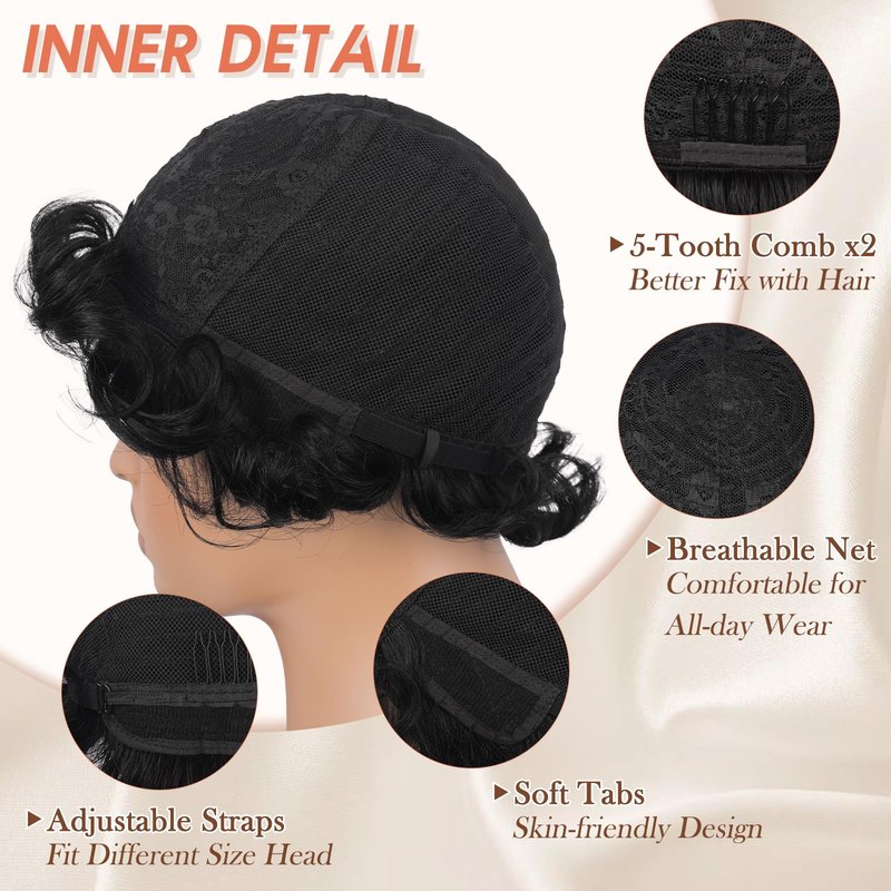 PEACOCO Short Pixie Cut Wig Human Hair for Black Women With Bangs Layered Wavy Wigs Glueless Human Hair Wear and Go Natural Black 1B