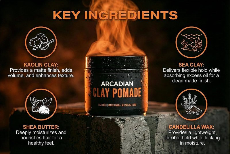 Arcadian Grooming Clay Pomade for Men – Vegan Matte Finish, Strong High Hold, 4oz