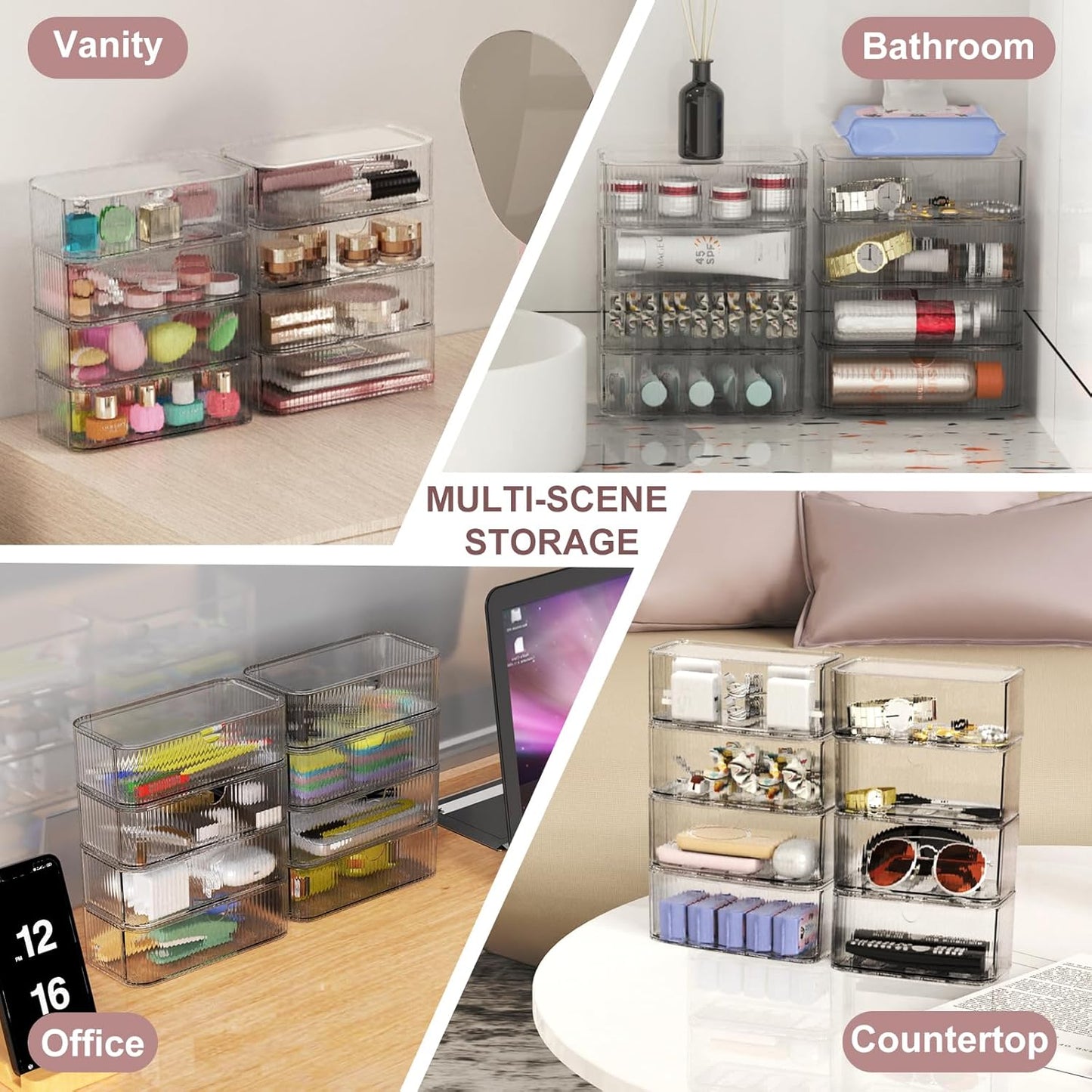 Clear Stackable Storage Drawers - 8-Pack Multi-Purpose Organizers with Non-Slip Silicone Feet | Transparent Acrylic Bins for Vanity, Office, Bathroom, Pantry