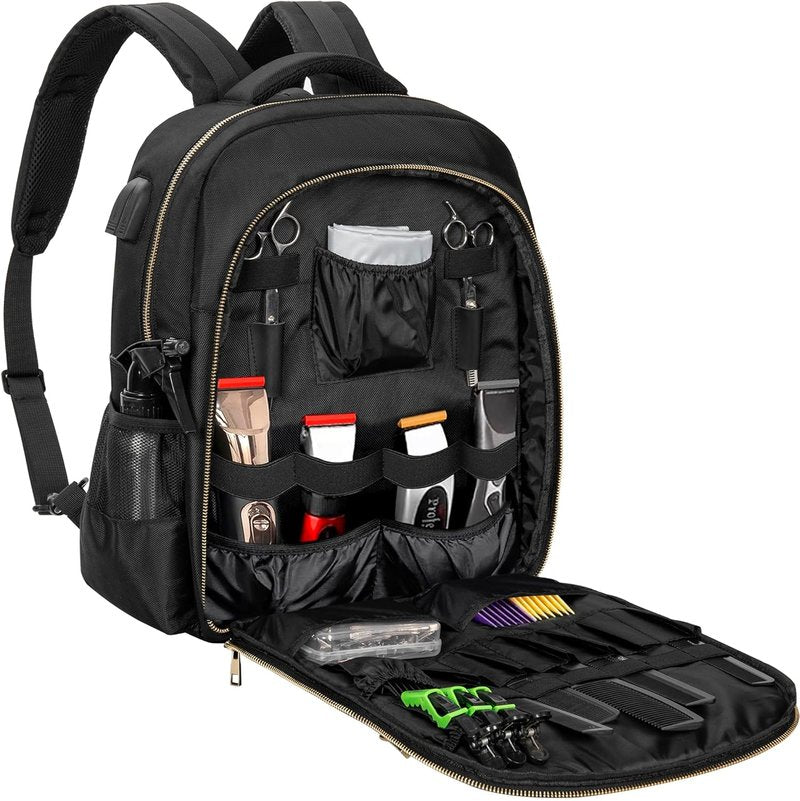 Barber Supplies Bag - Portable Clipper Backpack with USB Port | Black & Gold