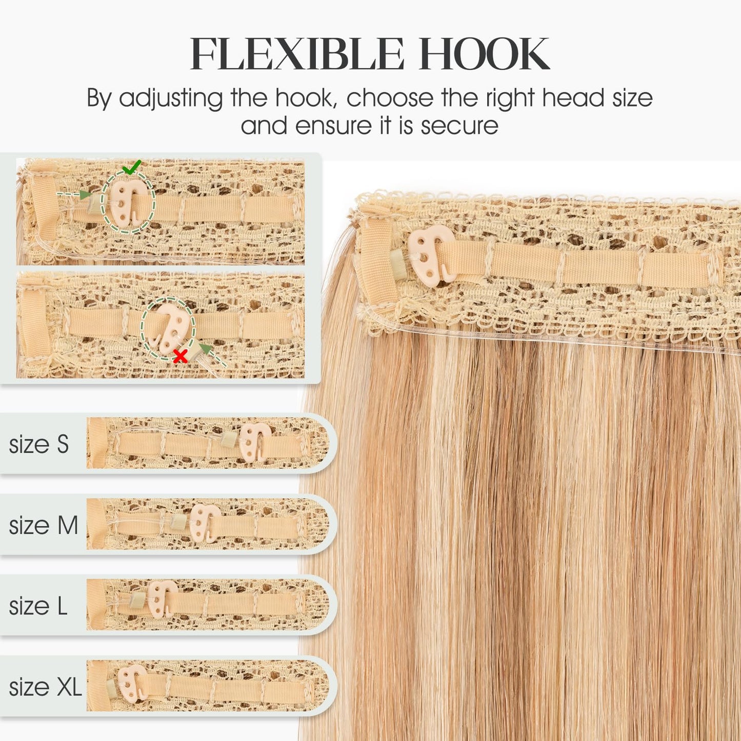 Charites Halo Hair Extensions Real Human Hair Invisible Wire Extensions with Transparent Fish Line Adjustable Size Golden Brown & Bleach Blonde 12 inch
