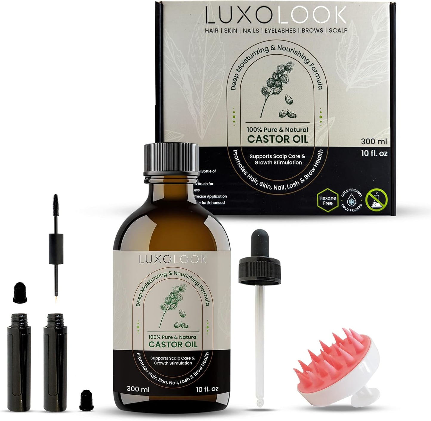Pure Castor Oil - Cold Pressed 100% Natural Oil for Hair Growth, Skin & Nails | 10oz with Dual Mascara & Dropper