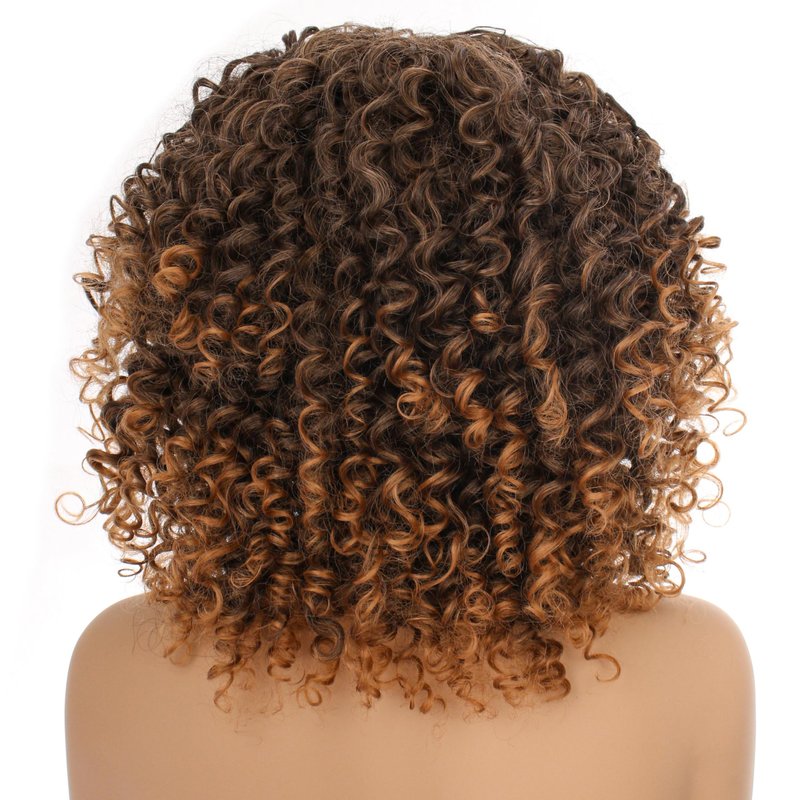 PORSMEER 14inch Black/Brown Curly Wigs for Women,Short Kinky Afro Curly Wigs with Bangs Natural Soft Bouncy Fluffy Heat Resistant Synthetic Hair Wig 70s for Daily or Party