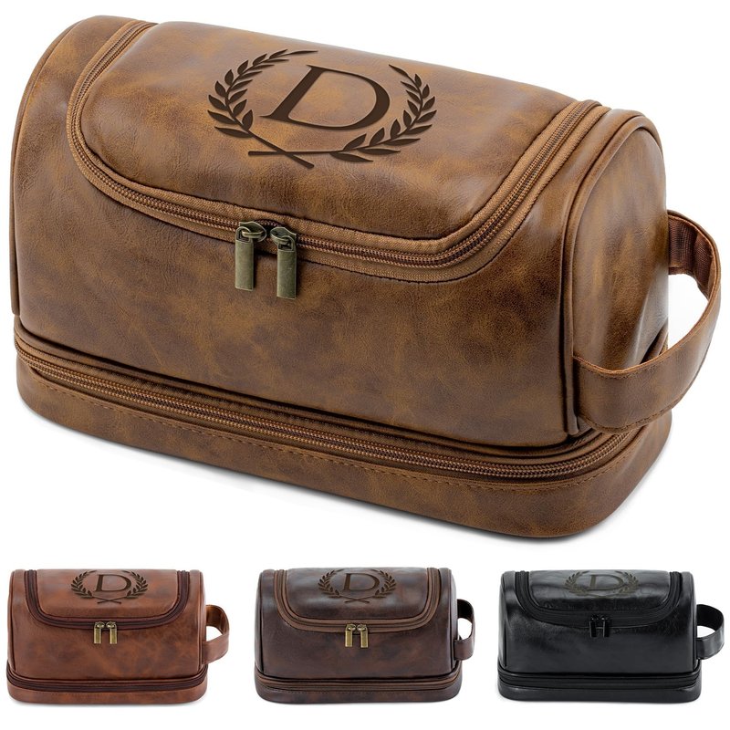Aganmi Engraved Initial Travel Toiletry Bag 21st 30th 40th 50th 60th 70th 75th 80th Birthday Gifts for Men Him, PU Leather Shaving Bag Gift for Dad Husband Boyfriend Brother Grandpa, Light Brown D