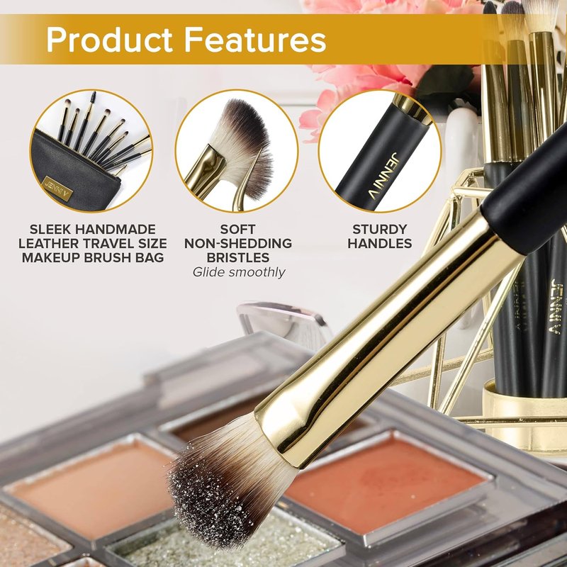 Premium Travel Makeup Brushes Set - 14 Mini Brushes with Handmade Leather Case | Portable Travel Size for Blush & Foundation